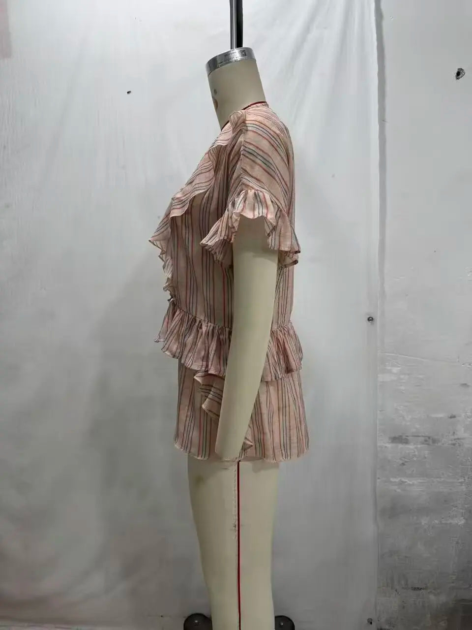 KONDALA Casual Striped Summer Woman Suits Lace-up V-Neck Shirt+ Drawstring Lace Shorts Fashion 2026 Female Elegant Tiered Sets