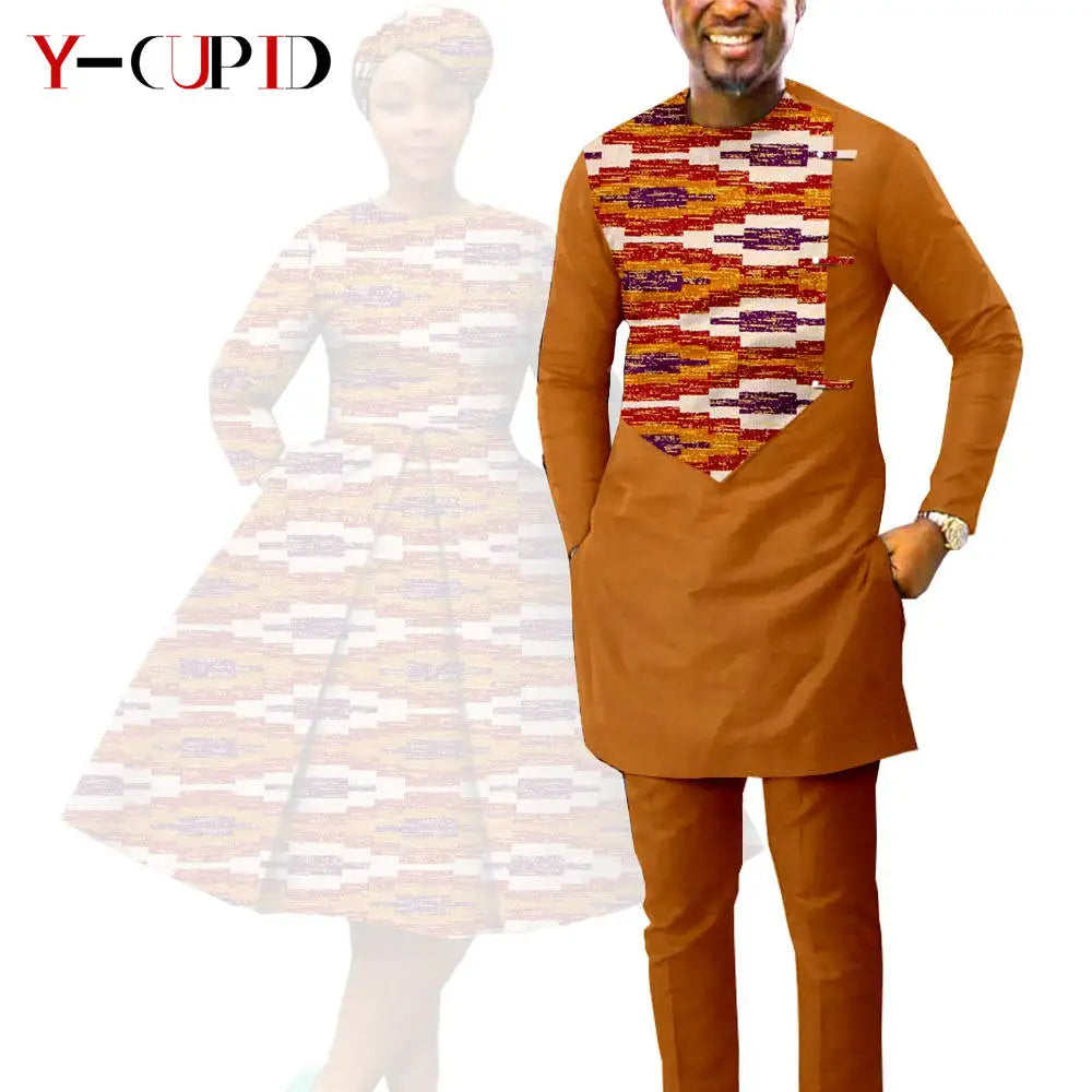African Print Dresses for Women with Headwrap Matching Couple Outfits Dashiki Men Long Sleeve Pathwork Top and Pant Sets Y23C004