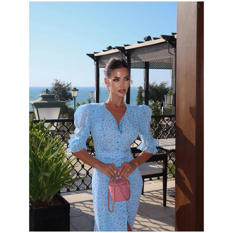 Women White Pink Floral Print Fishtail Skirt Set Chic V Neck Puff Sleeve Ruffle Button Crop Top Suit Elegant Lady Wedding Outfit