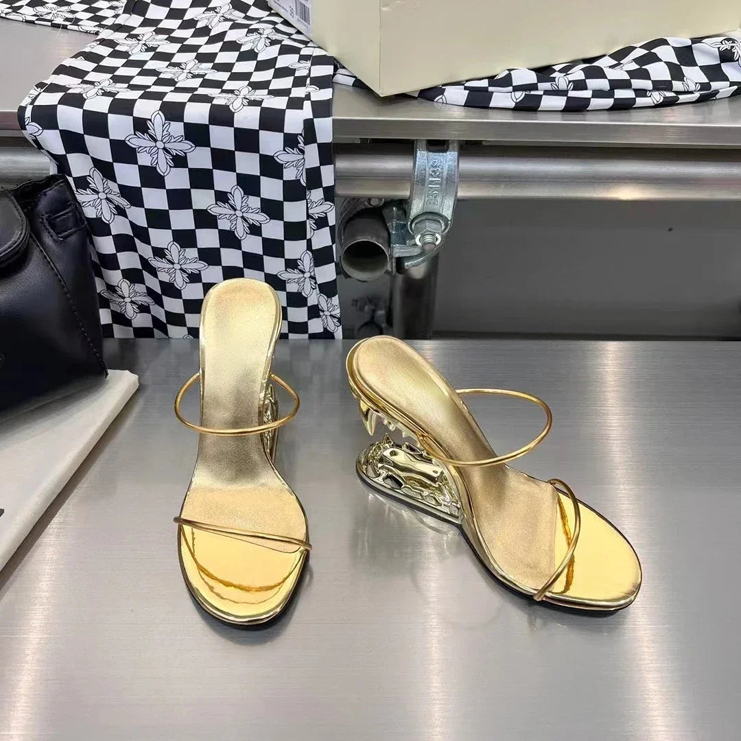 Spring Fashion Show, Teeth Shaped Heels, High Heels with Exposed Toes, Sloping Heels, Round Toe Fashion Women's Shoes