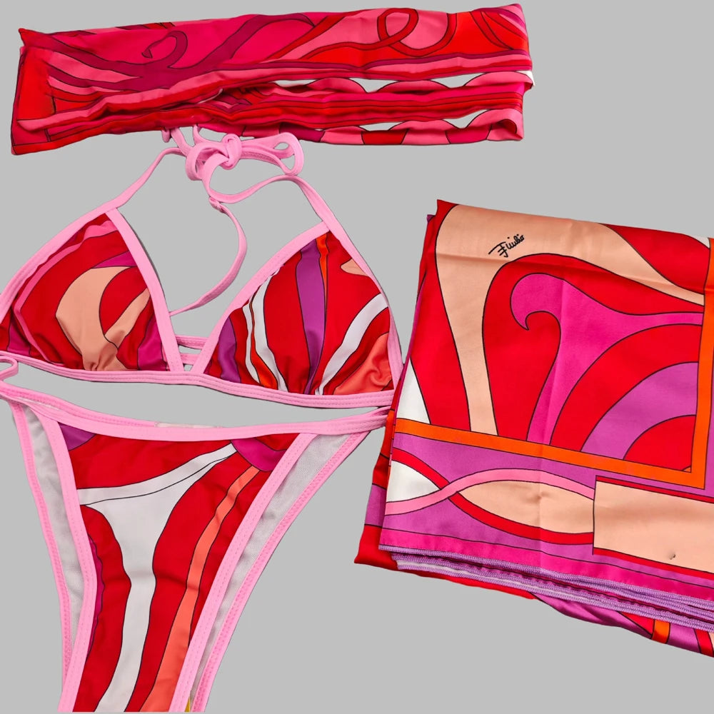 Hot Sales Latest Fashion Luxury 3 Pieces Swimsuit With Headband Beach Scarfs 2026 Summer Sexy Women Bikini Designer Swimwear