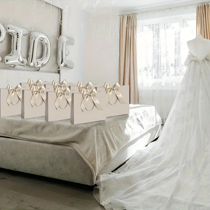 10pcs (5 Bags + 5 Ribbons) Elegant Beige Thank You Gift Bags, Paper Gift Bags, Shopping Bags with Golden Bows - Foldable