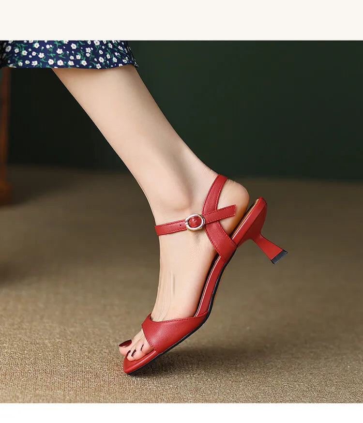 2025 Summer Sandals Women Shoes Open-Toe Thin Heel Women Sandals Split Leather Square Toe Shoes for Women High Heels Handmade