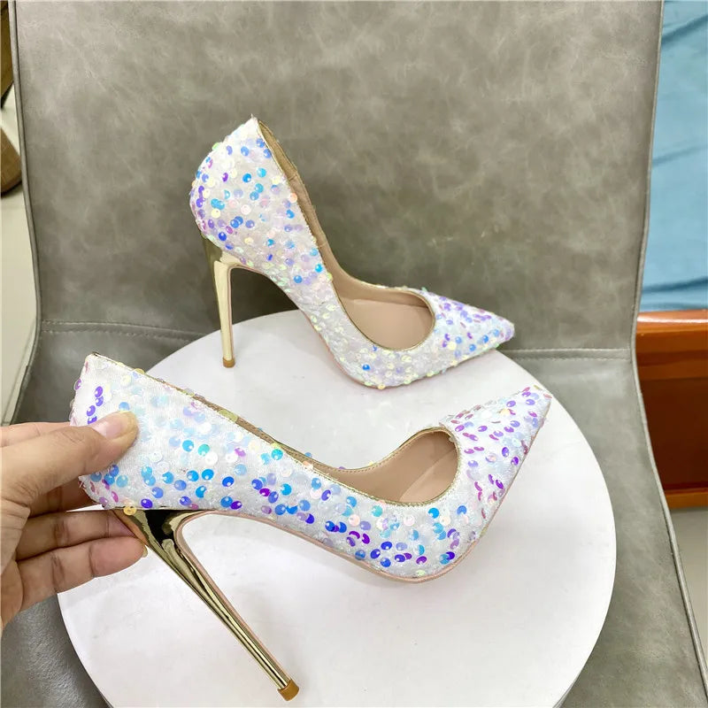Women Wedding High Heels Fashion Pointed Toe 8CM 10CM 12CM Blingbling Party Dress Shoes Plus Size 45 Glitter Sequis Woman Pumps