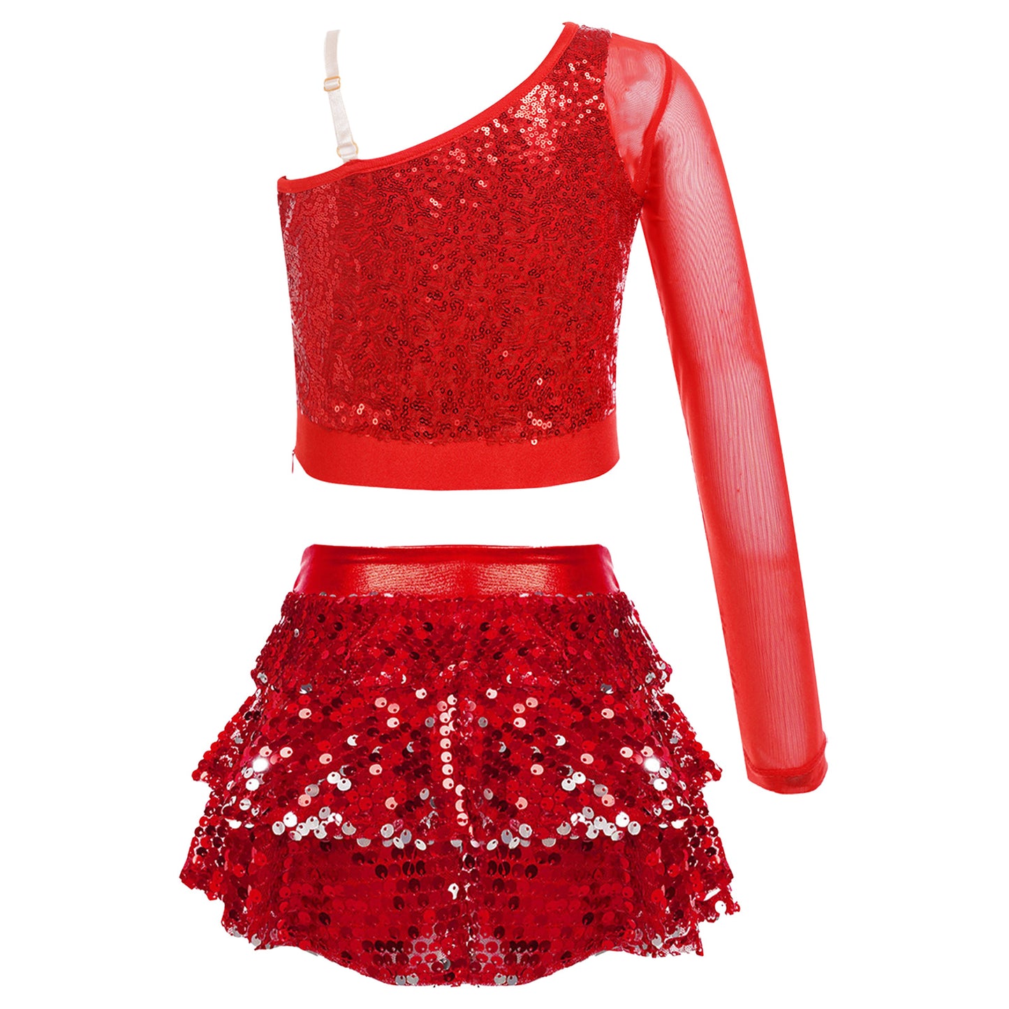 Kids Girls Dance Dresses Latin Jazz Modern Dance Show Costume Sequin Long Sleeve Crop Tops and Skirted Culottes Cheer Dancewear