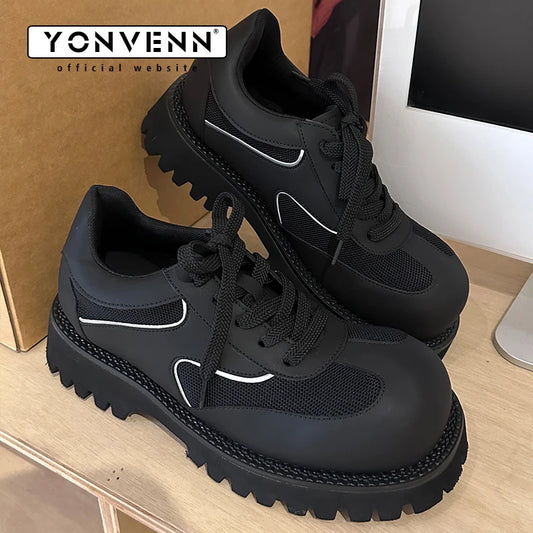 Sports leather shoes for men lightweight mesh splicing genuine leather black thick sole height increasing big head work shoes