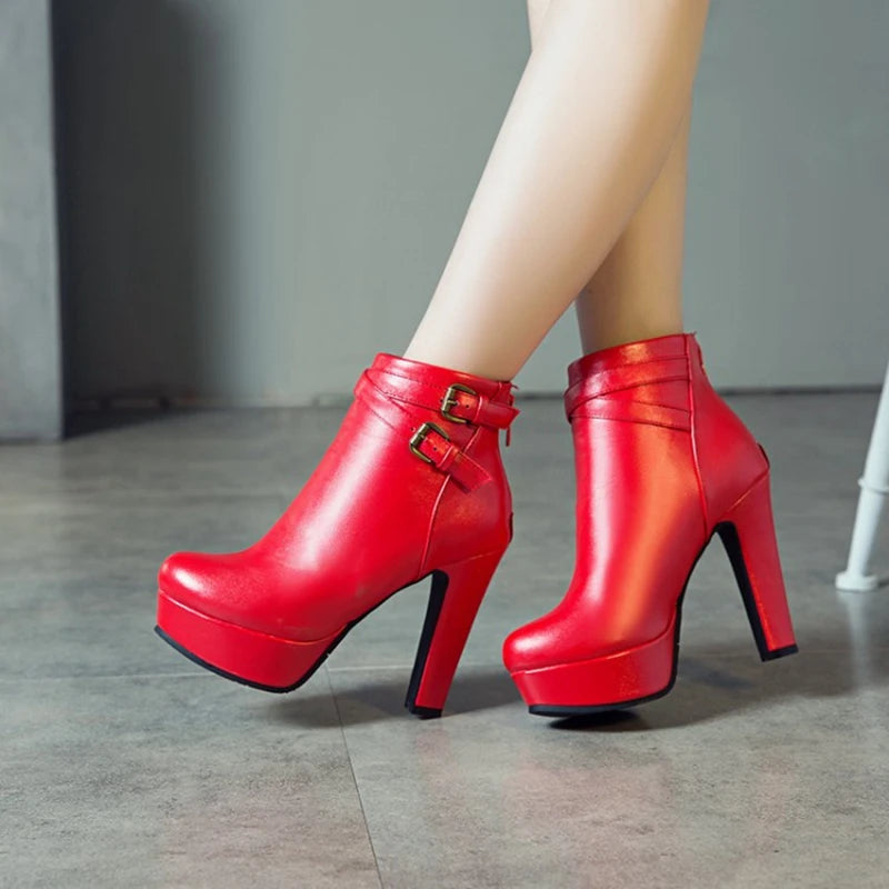 REAVE CAT Size 34-50 Ladies Platform Ankle Boots Party Office Women Fashion 12CM Thick High Heels Buckle Shoes F1484