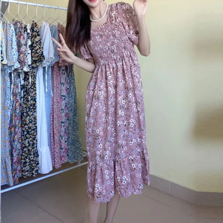 Floral pink chiffon dress for women with elastic waist, short sleeves, A-line midi, Bazaarhubo.