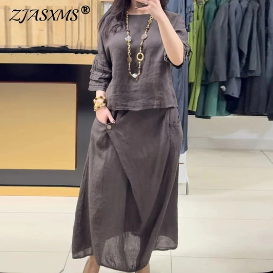 Casual O Neck Top Pullover & A-Line Skirts Cotton Linen Set Woman 2 Pieces Half Sleeve Loose Outfit Spring Vintage Suit Harajuku
