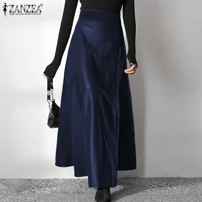 ZANZEA Women's PU Leather Maxi Skirt 2025 Autumn Elegant OL Long Saias Fashion Solid Mujer Faldas Casual High Waist Zipper Jupe