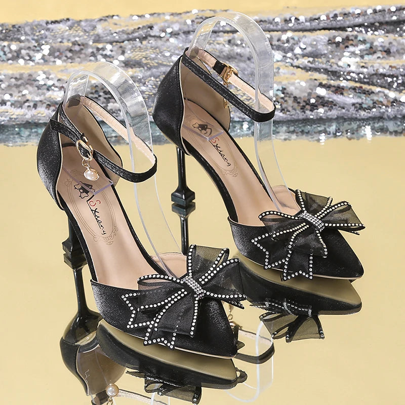 Rimocy Sexy Thin Heels Ankle Strap Pumps Women Lace Bowknot Wedding Party Shoes Woman Elegant Pointed Toe Silk High Heels Shoes
