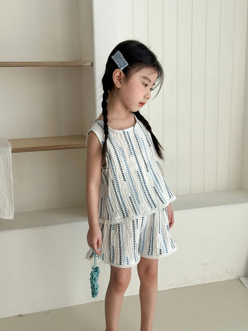 Summer Children's Vest Set Girls Lace Top Suit Kids Embroidered Striped Tank Top and Shorts 2Pcs Boys Casual Suit Sibling Outfit