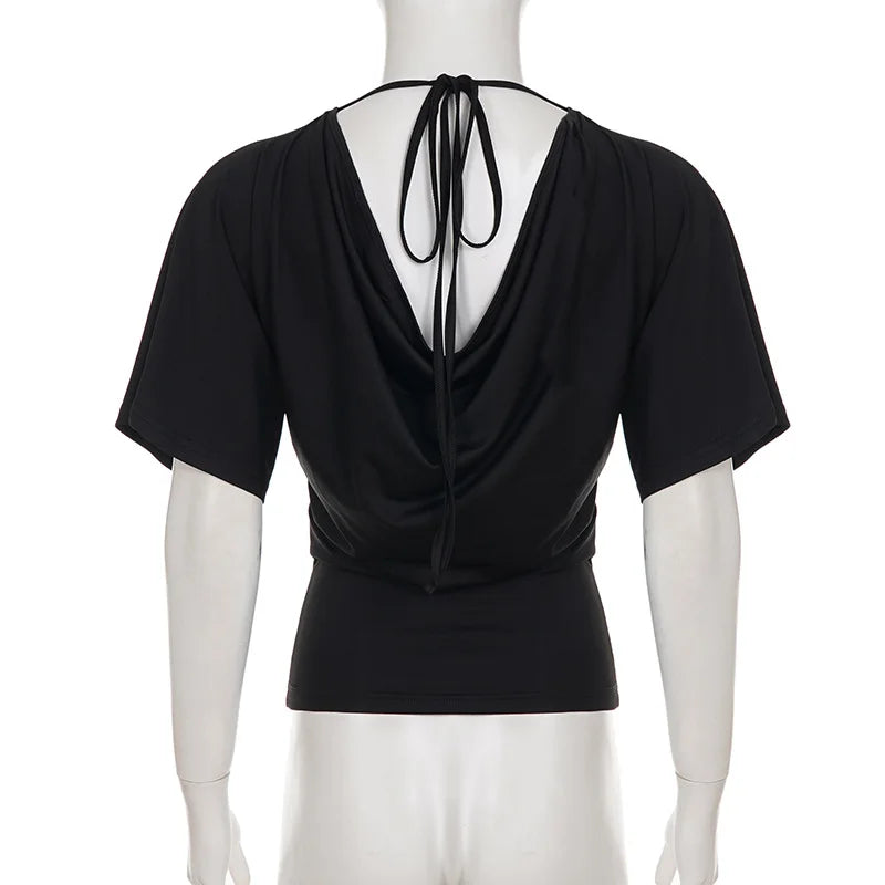 Women's Lace Patchwork Deep V Neck Tie Up Slim Fit Half Sleeve T-Shirt Crop Top