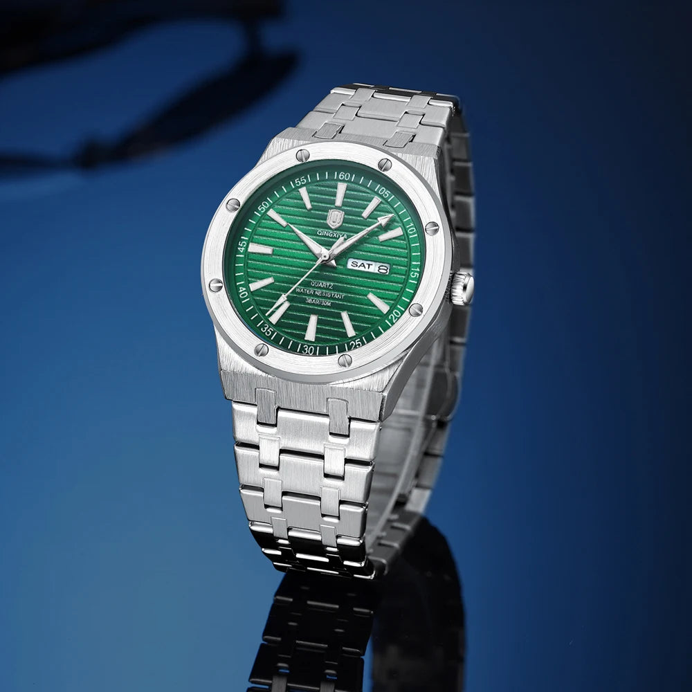 QINGXIYA New Mens Quartz Watches Top Brand Luxury Week Date Man Wristwatch Stainless Steel Waterproof Luminous Sports Men Watch
