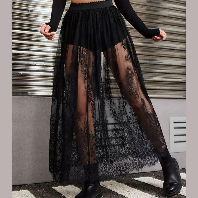Sexy Solid Color See Through Lace Patchwork Skirt Women Fashion Trendy Chic Y2k Style Skirts Summer Streetwear Female Clothing