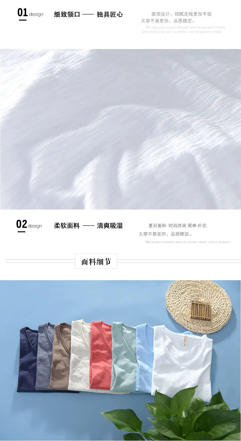 2023 Summer New 100% Cotton White T-shirt Male V-neck Solid Color Casual T Shirt Basic Tees Plus Size 3XL Short Sleeve Tops