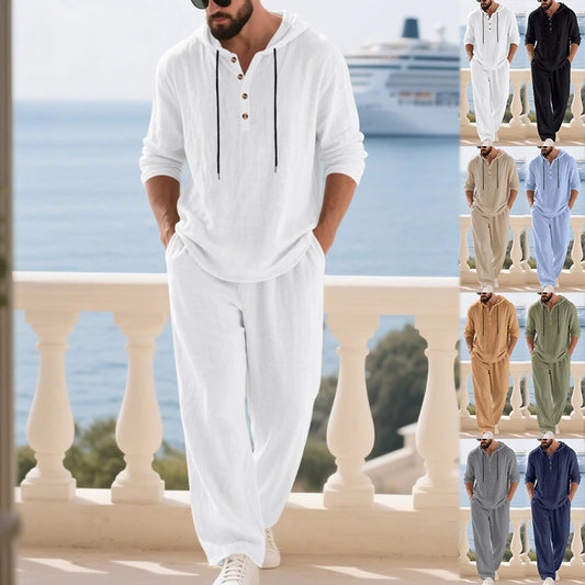Spring Summer Linen Men's Casual Suit Loose Hooded Henley Long Sleeve Long Pants Set Solid Color Fashion Casual