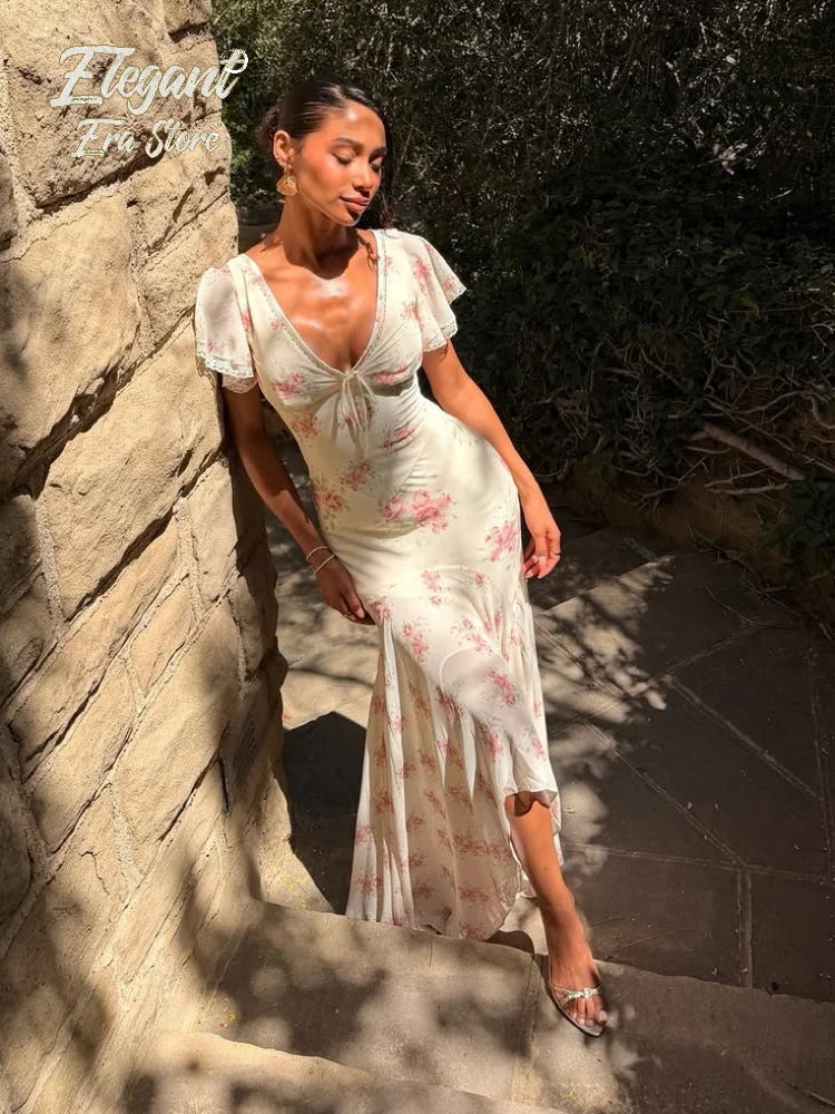 Chic Floral Puff Sleeve Women Maxi Dress Sexy V Neck Button Down Ruffle Slit Vestidos 2026 Summer New Lady Daily Party Sundress