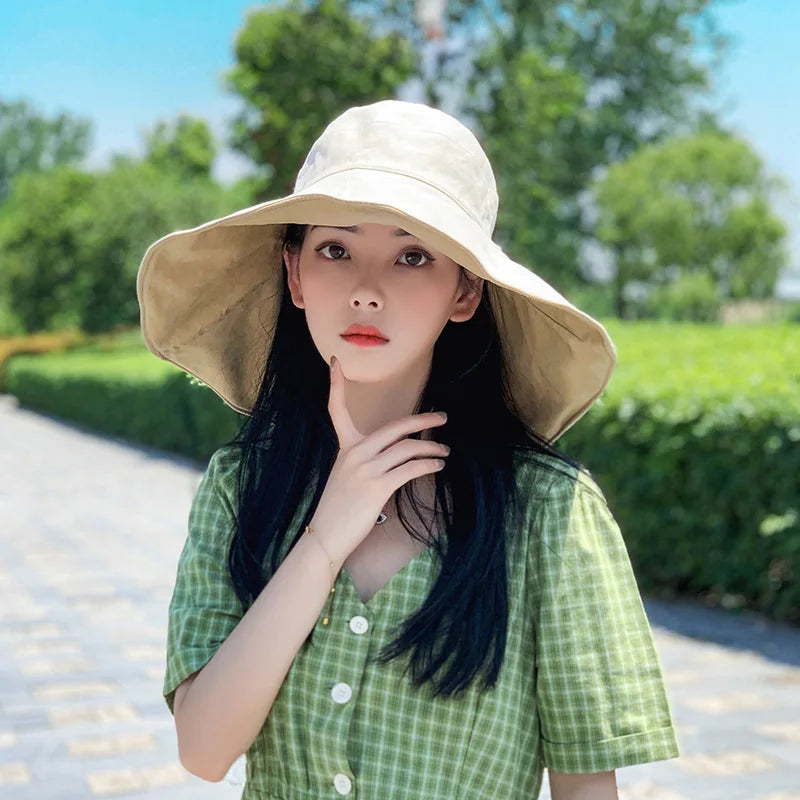 Wide Brim UPF 50+ Sun Hat Women Anti-UV Protection Hiking Fisherman Cap Fold Summer Solid Beach Hat 2024 Double sided Sun hat BAZAARHUBO