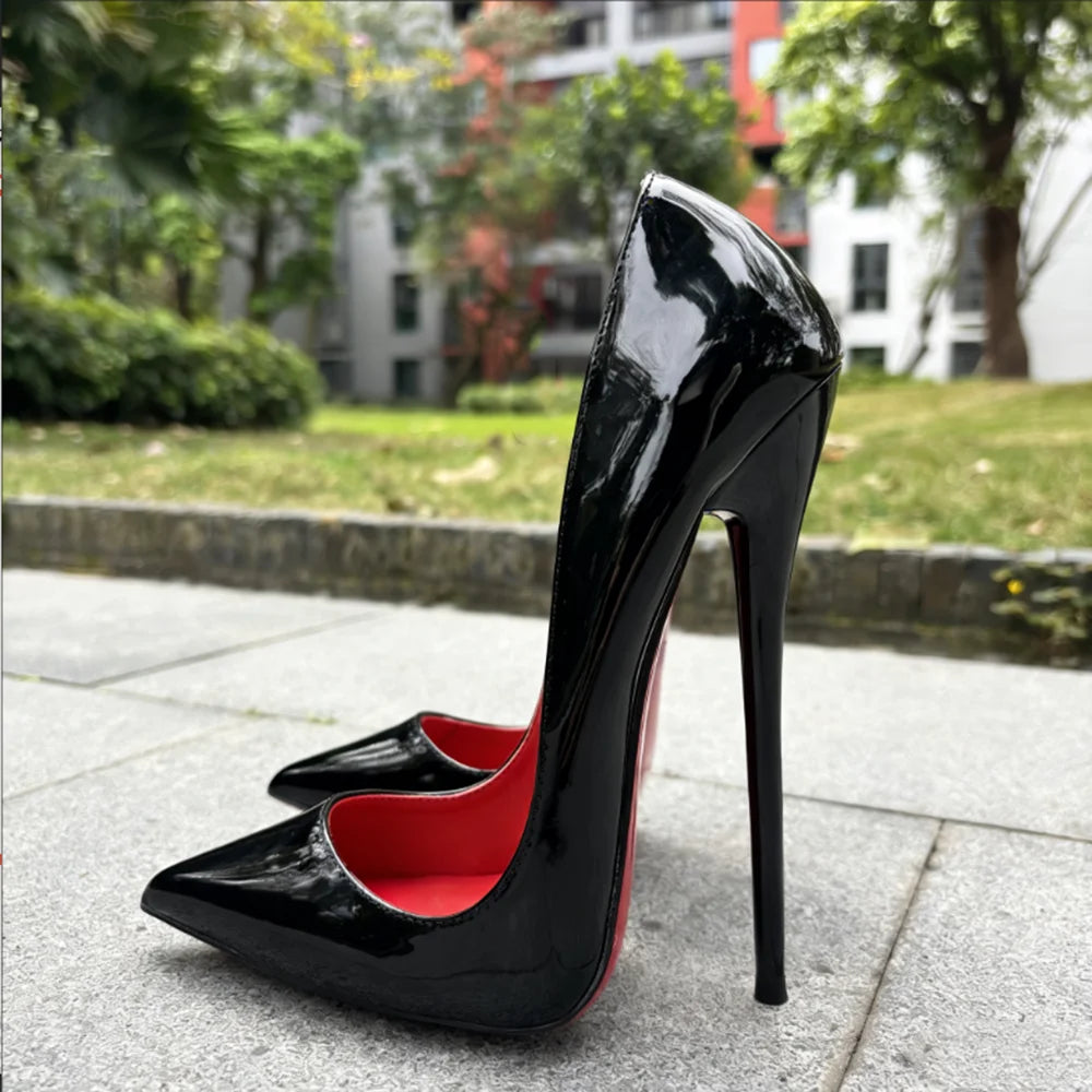 2026 Customize Side V Cut 16cm Ultra High Heels Matte Black Red inside Woman Pumps Curl Cut Slip on Pointed toe T-stage Shoes