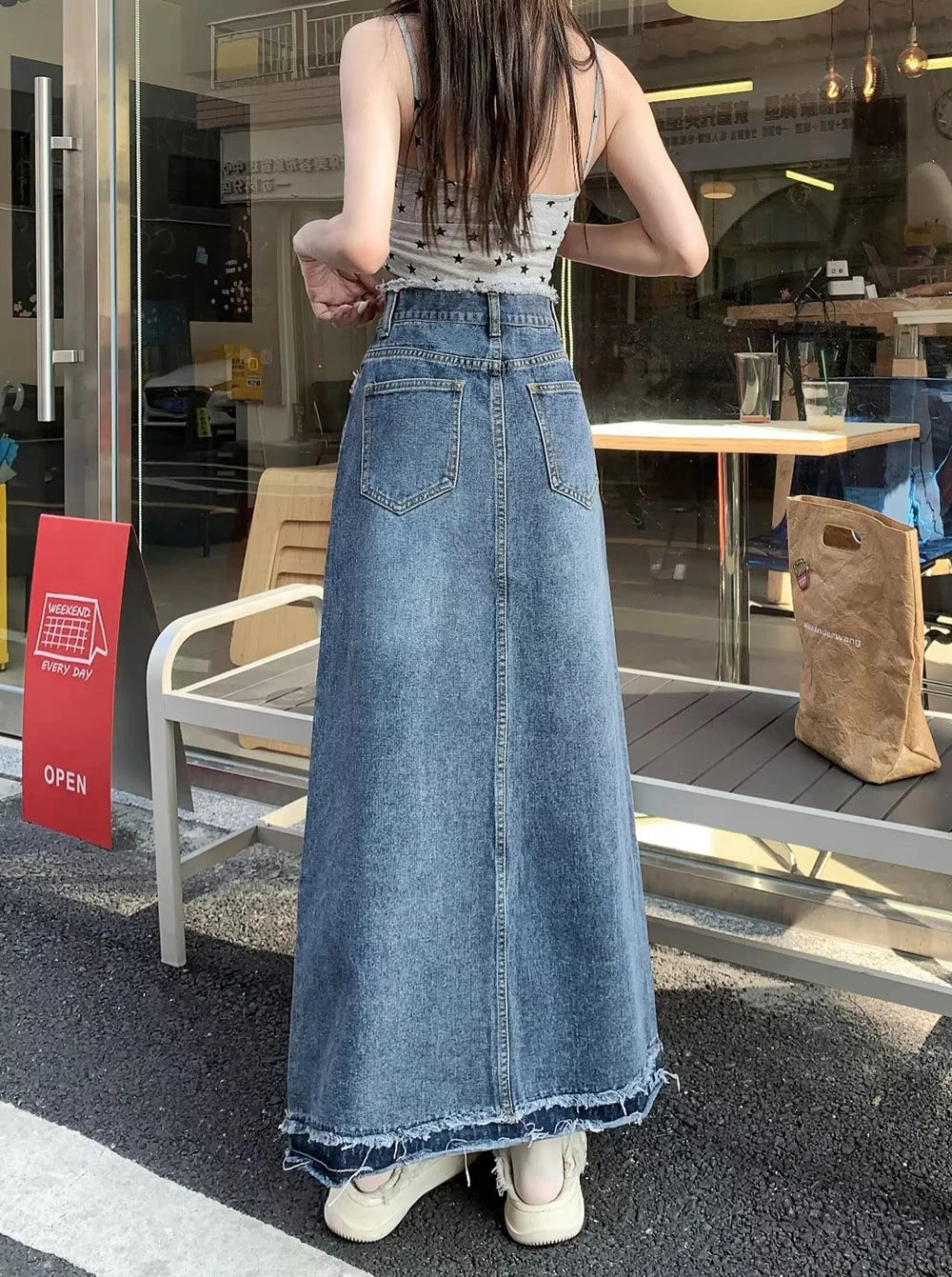 Summer Street Style Rough Edge Skirt Korean Version Women Retro Casual High-waisted A-line Skirt Temperament Loose Denim Skirts