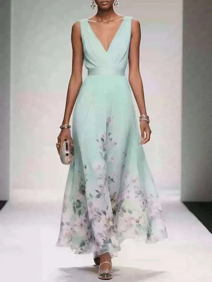 New Fashion Party Dresses Summer Women's Sexy Deep V Neck Floral Print Ruffle Sleeveless High Waist A Line Beach Dress Vestidos