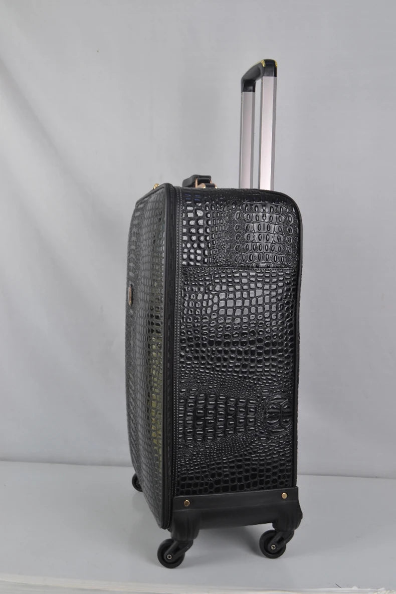 Crocodile pattern leather rolling luggage 16/20/24 inch boarding trolley suitcase real leather men's and women's travel luggage