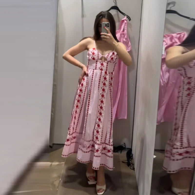 Fashion Women's Dress Halter Sleeveless Hollow Out Print Female Dresses 2026 Summer Vacation Holiday Beach Chic Sexy Lady Robe