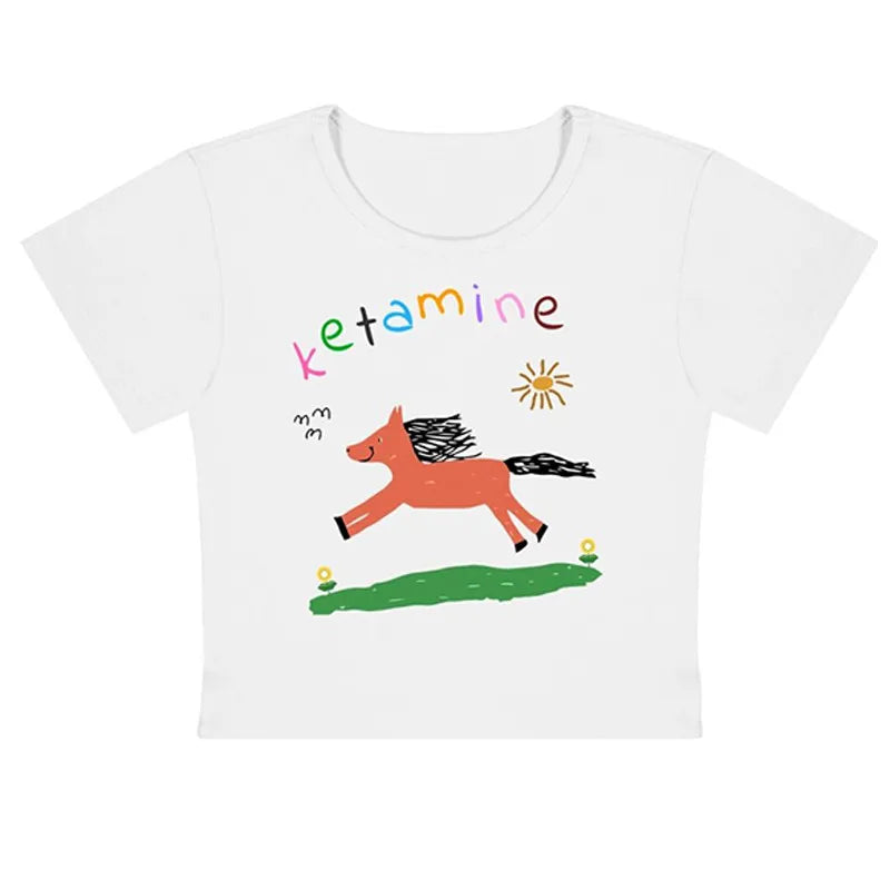 Summer new casual short-sleeve cute pony print Slim Blouse t-shirt kawaii crop top baby tee shirt vintage y2k clothes streetwear