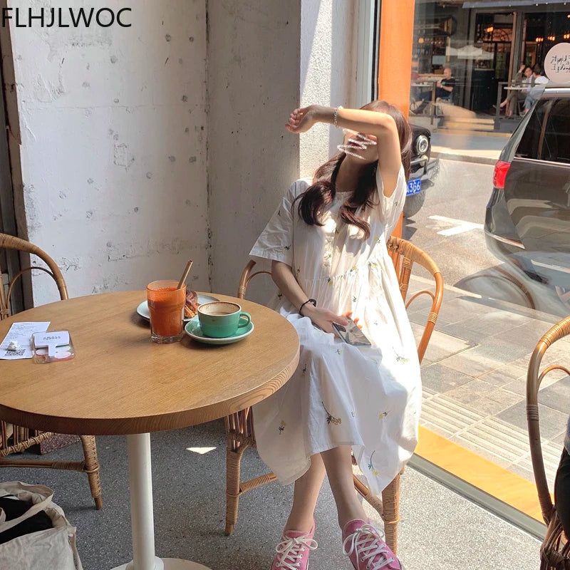 Loose Summer Cute Sweet Japanese Style Girls Flower Embroidery Retro Vintage Single Breasted Button Cotton Blends Shirt Dress