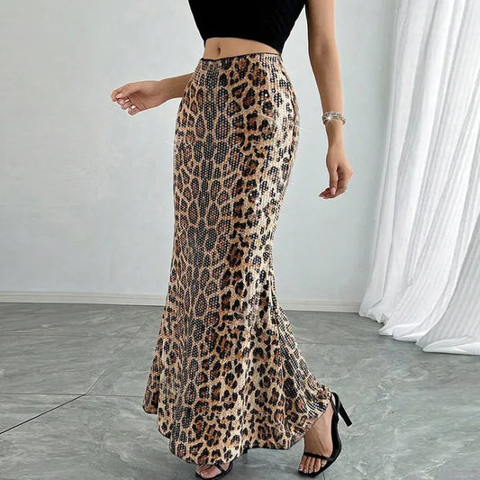 Leopard Print Skirt for Women Summer Spring New Fashion Versatile Elegant Bead Patchwork Long Dress Streetwear Dresses Female
