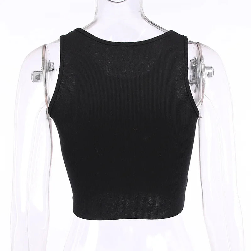 Mouse Print Black Tank Goth Sexy Bodycon Cropped Tops Women Streetwear Harajuku O Neck Knitted Basic Tank Top