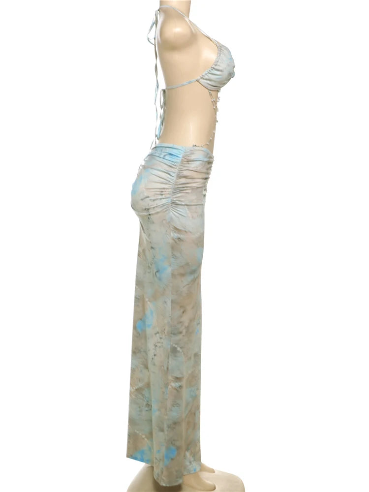kliou Pearl Splice Stunning Dresses Women Sexy Tie Dye Tassel Bandage Hollow Shirring Maxi Bodycon Lady Vacation Party Vestidos