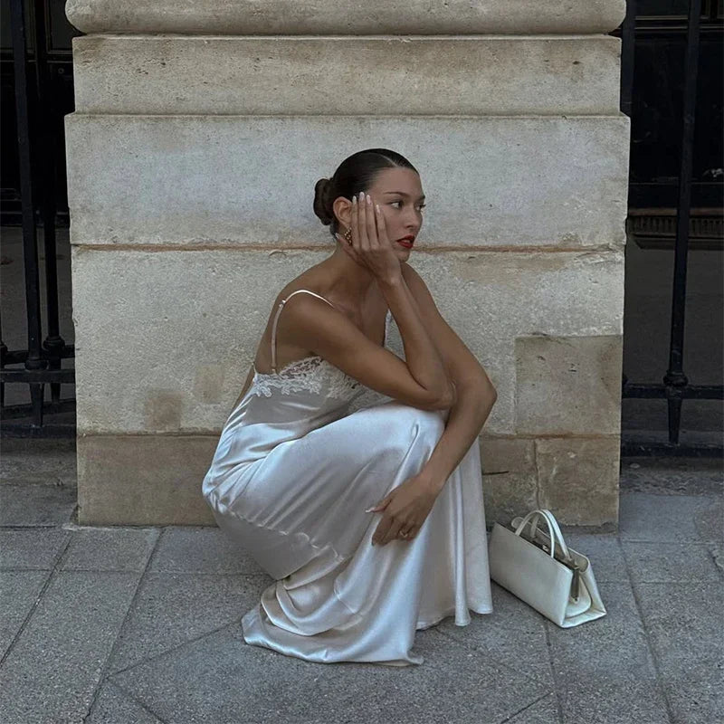 Women V-neck Satin Sling Maxi Dress Sexy White Lace Patchwork Sleeveless Backless Slim Gowns 2026 Evening Party Chic Dresses New