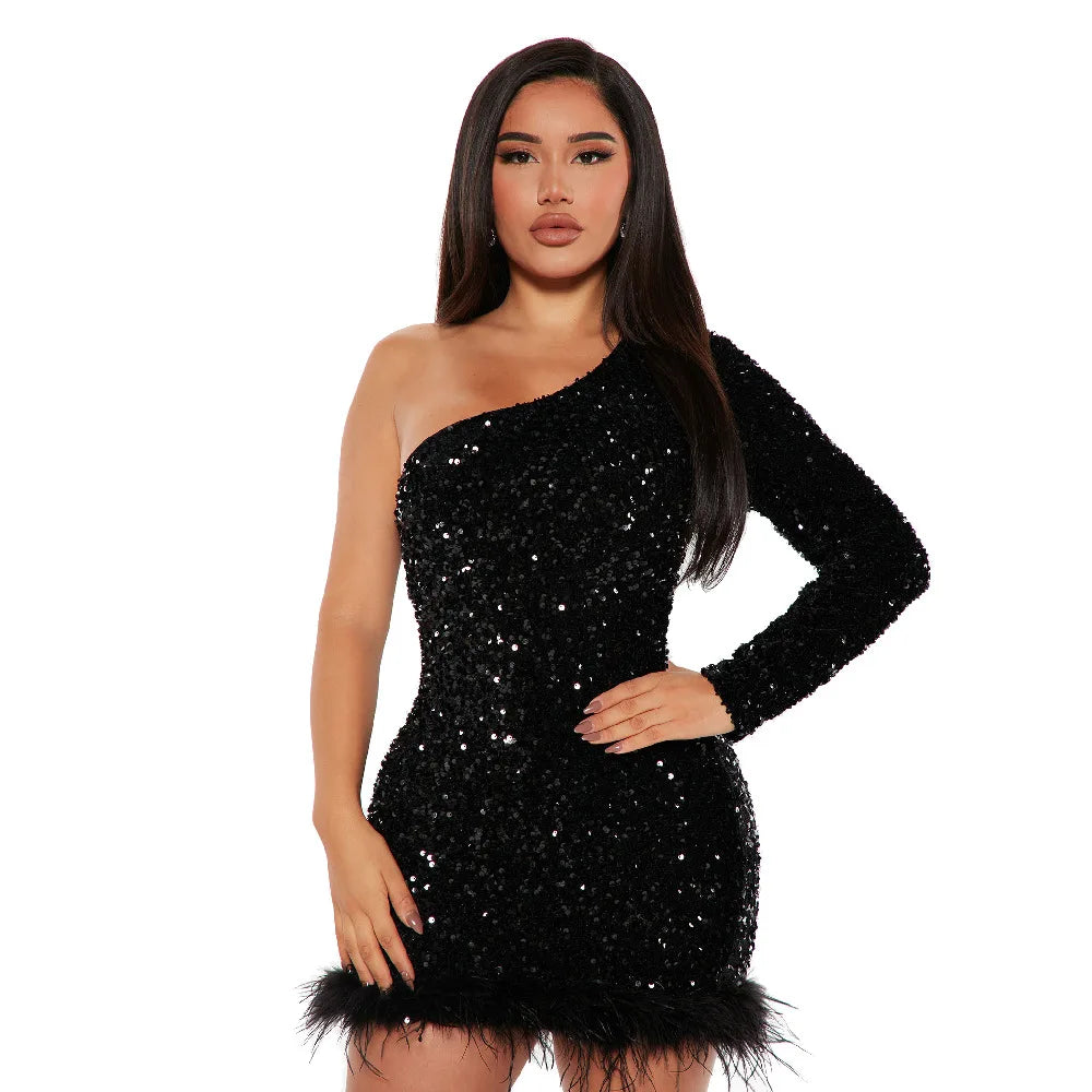 Sexy and Elegant Women's Party Dress Long Sleeved Diagonal Shoulder Off Shoulder Sparkling Edge Sequin Tight Women's Prom Dress