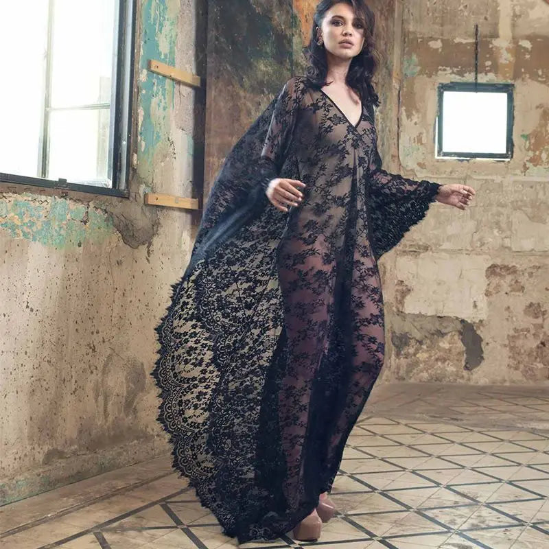 Sexy Lace Beach Bikini Cover Up Robe Pareo Beachwear Swimwear Women Dress Black White Swimsuit Hollow Out See-through Vacation