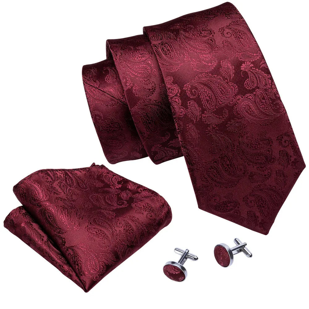 Exquisite Rust Red Silk Ties For Men Designer Pasiley High Quality Handkerchief Cufflinks Set Wedding Party Business Barry.Wang BAZAARHUBO