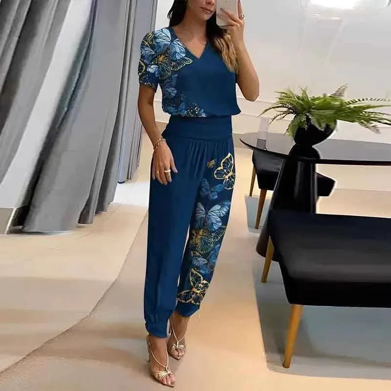New Women's Summer Tracksuits Pant Sets Fashion Casual V-neck Print Short Sleeve T-shirts and Trousers 2 Piece Sets Women Outfit
