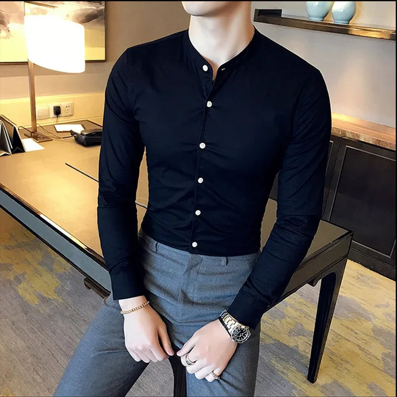 Men Slim Fit Shirt 2025 Autumn Cotton Solid Stand Collar Casual Business Long-sleeved Shirts Male Fashion Camisas Men Clothing