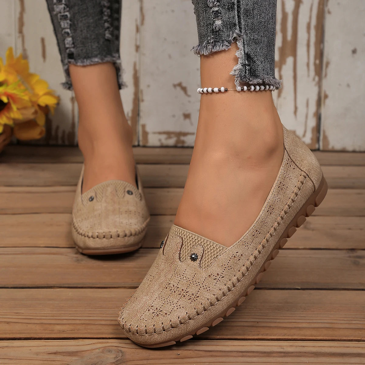goreyodoly women loafers hollow floral design patchwork slip on flats breathable lightweight casual walking shoes soft non slip