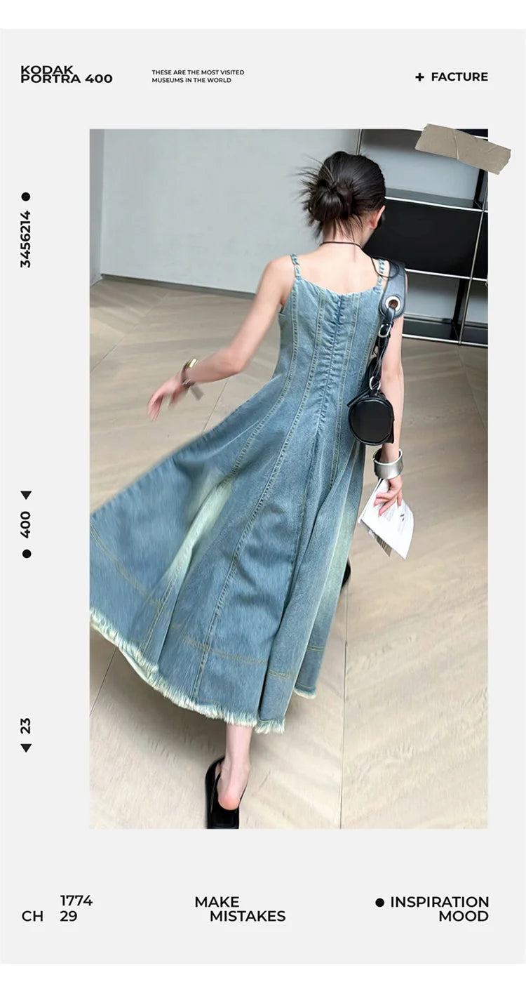 Kids Luxury Clothing Summer Denim Dress with Straps for Teenage Girls High Fashion Streetwear Outfit Children Casual Jeans Dress
