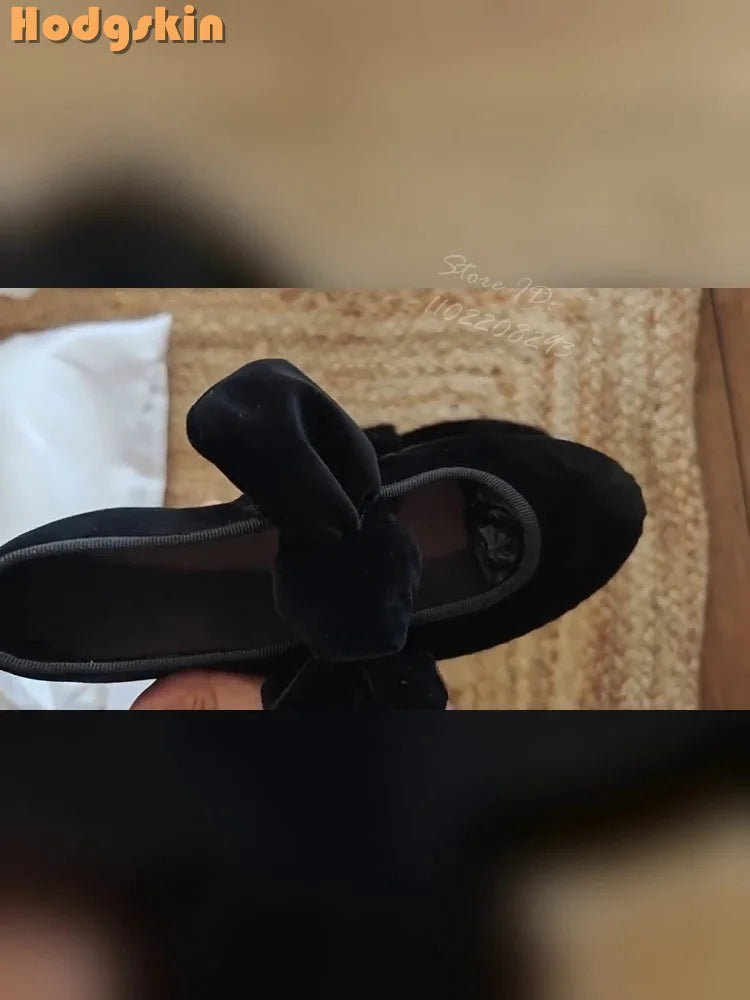 Velvet Bow Flat with Shoes Retro Round Toe Shallow Lace-up Mary Janes Butterfly-knot Daily Shoes Korean Style Design 2025 Women