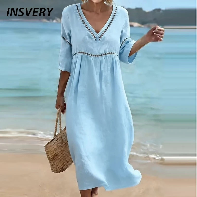 Summer V Neck Half Sleeve Loose Beach Holiday Dress Women Casual Hollow Out Design Solid Color A-line Midi Dress Boho