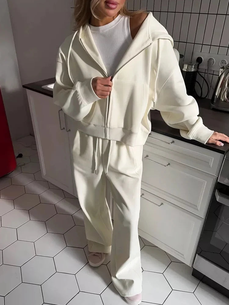 Women Tracksuit Hoodies and Trousers Two Piece Set Casual Zipper Sweatshirt Solid Color Drawstring Sports Pants Workout Sets