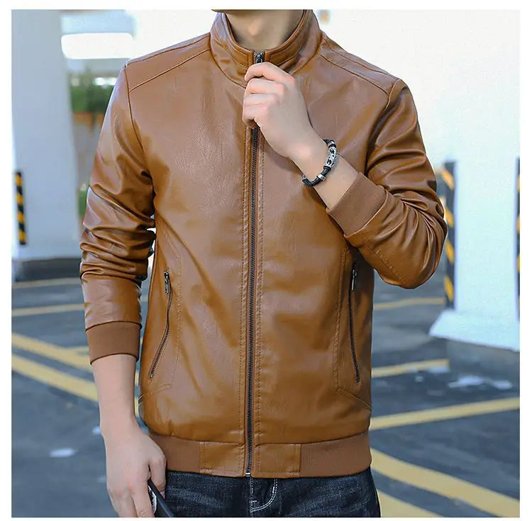 Trendy Casual Loose Jacket for Men with Velvet Thickened Winter with PU Leather Stand Collar