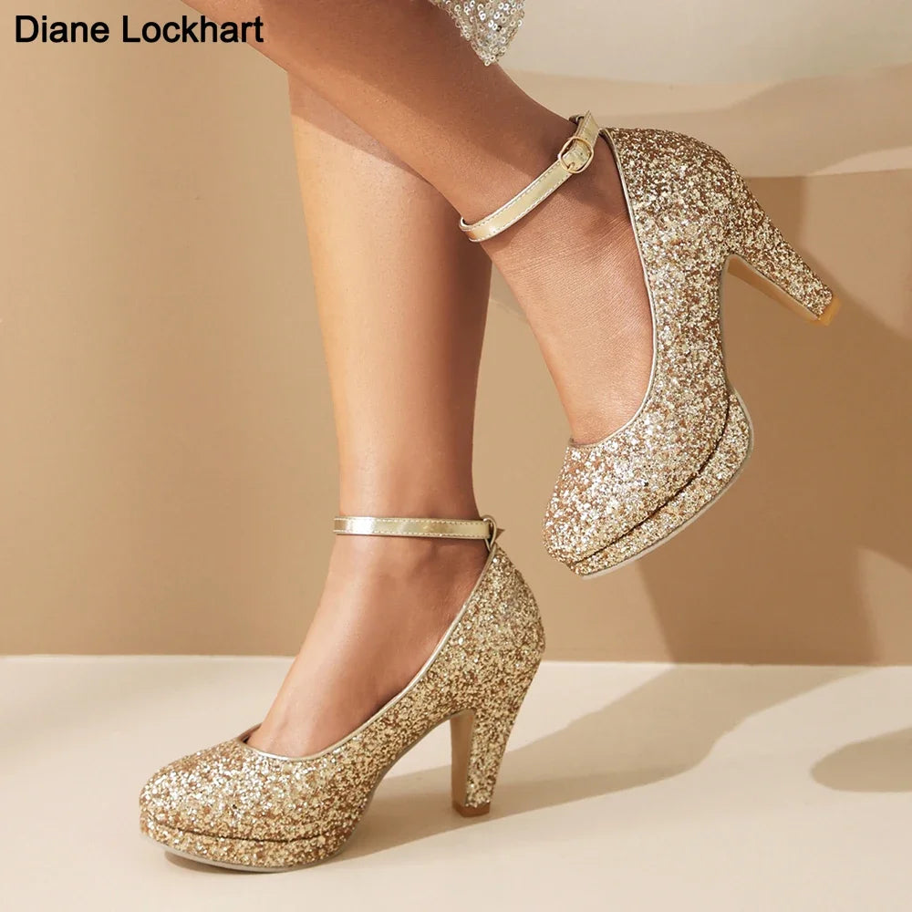 2025 Summer New Shiny Sequins High Heels Women Platform Sandals Party Dress Wedding Pumps Ladies Shoes Gold Silver Zapatos Mujer