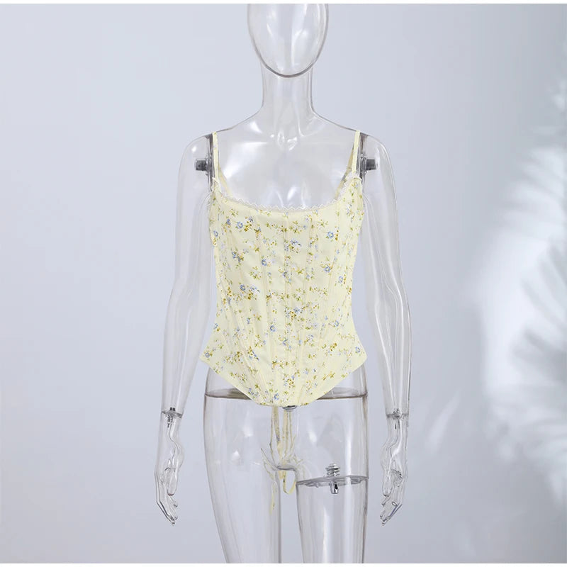 Floral Printed Fish-bone Tank Tops Women's Slim Sleeveless Back Lace-up Waist-cinching Blouses 2026 New Ladies Summer Outfit