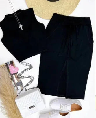 Skirt Set Women Dress Sets Two Piece Sets Bodycon Round Neck Sleeveless Crop Tops Mid Length Skirts Lace Up High Waist Splice
