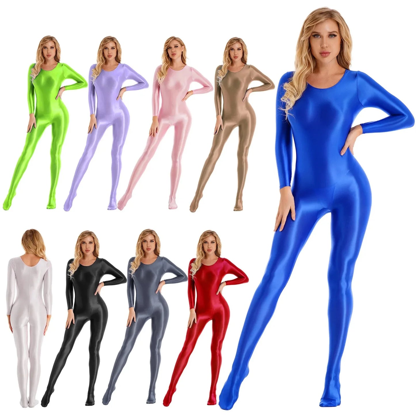 Women's Sexy Jumpsuits Long Sleeves Shapping Bodysuit Tight Elastic Oil Glossy Candy Color Unisex Leotard Exotic Club Clothing