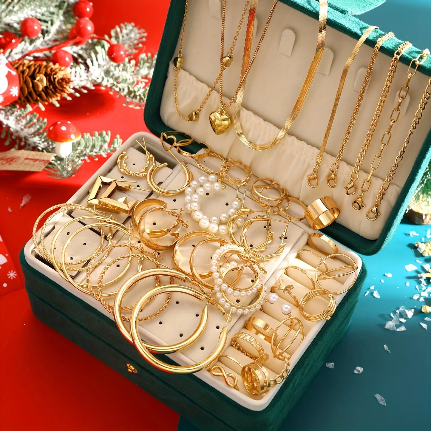 54 piece set of fashionable and luxurious vintage rings, earrings, heart-shaped necklaces, bracelets, and multiple jewelry sets